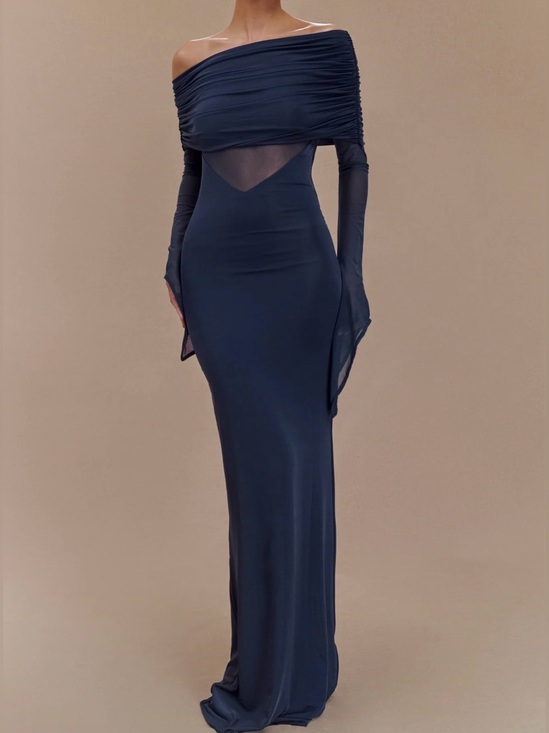 Meshki Dresses & Skirts - Meshki Navy Blue Off-Shoulder Long Sleeve Evening Gown